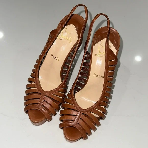 Christian LouboutinTan Leather Cut Out Peep Toe Platform Slingback Sandals